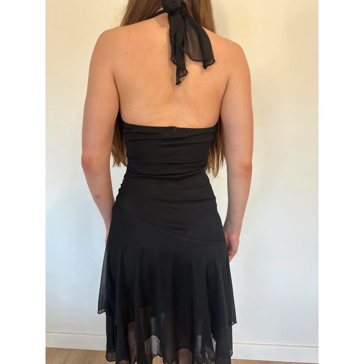 Black Vintage Mesh Handkerchief Hem Halter Sequin Party Dress - Image 3