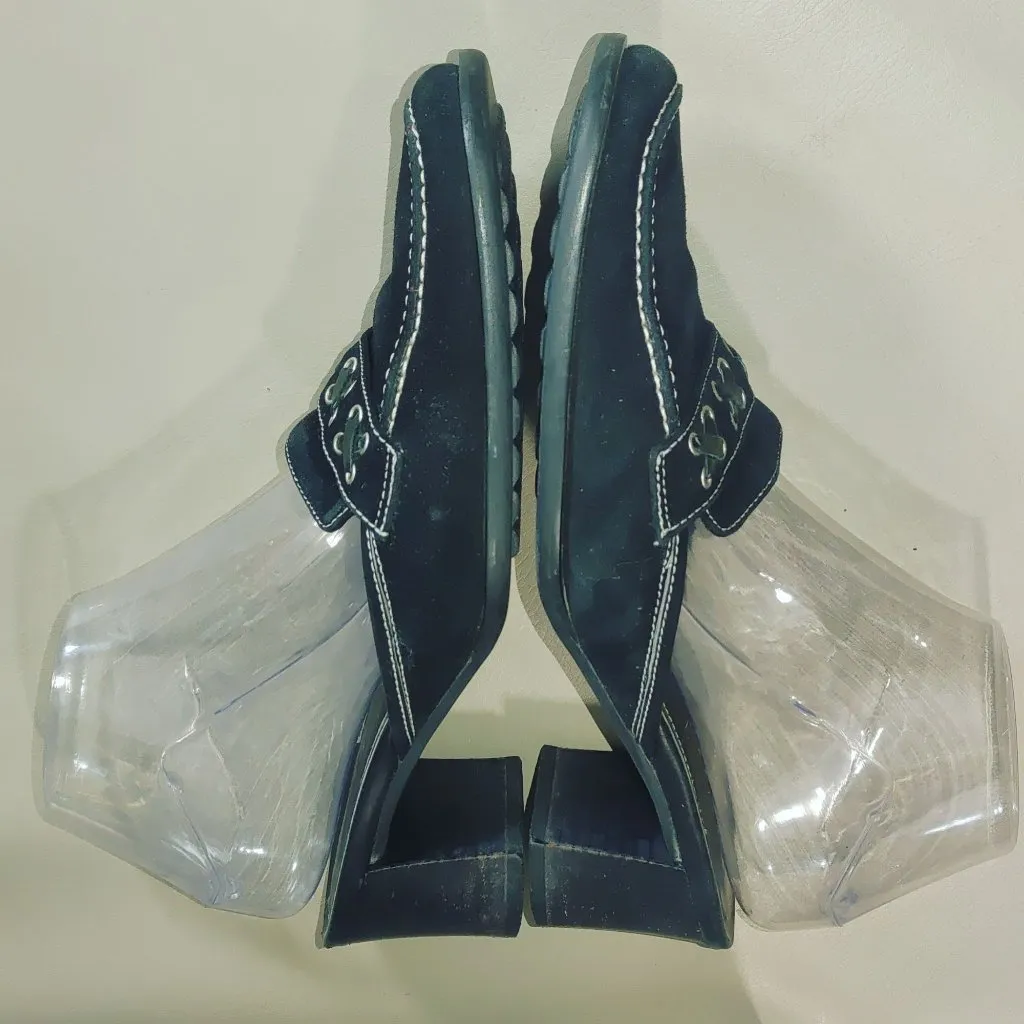 Coach Black Leather Size 7.5 Block Heels Slip On Mules Loafers Iris Suede Square - Image 11