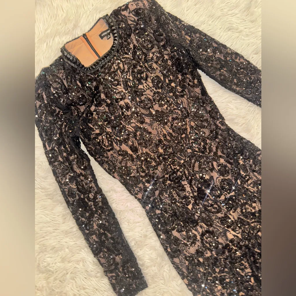 NEW Nadine Merabi BELLA Black Floral Lace Black long sleeves Jumpsuit sz 12 Tan - Image 3
