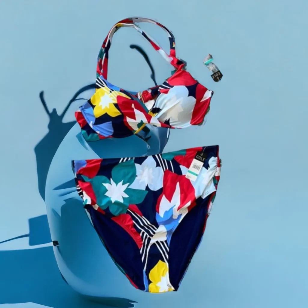 NWT COLE OF CALIFORNIA MULTICOLORED TWO PIECE SWIMSUIT Tummy Control Red Size 16 - Image 4