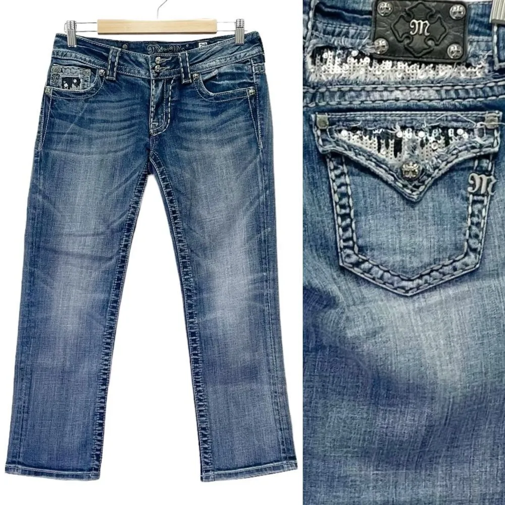 Miss Me Capri Jeans Cropped Straight Leg Medium Wash Sequin Flap Jeans Size 29 - Image 12