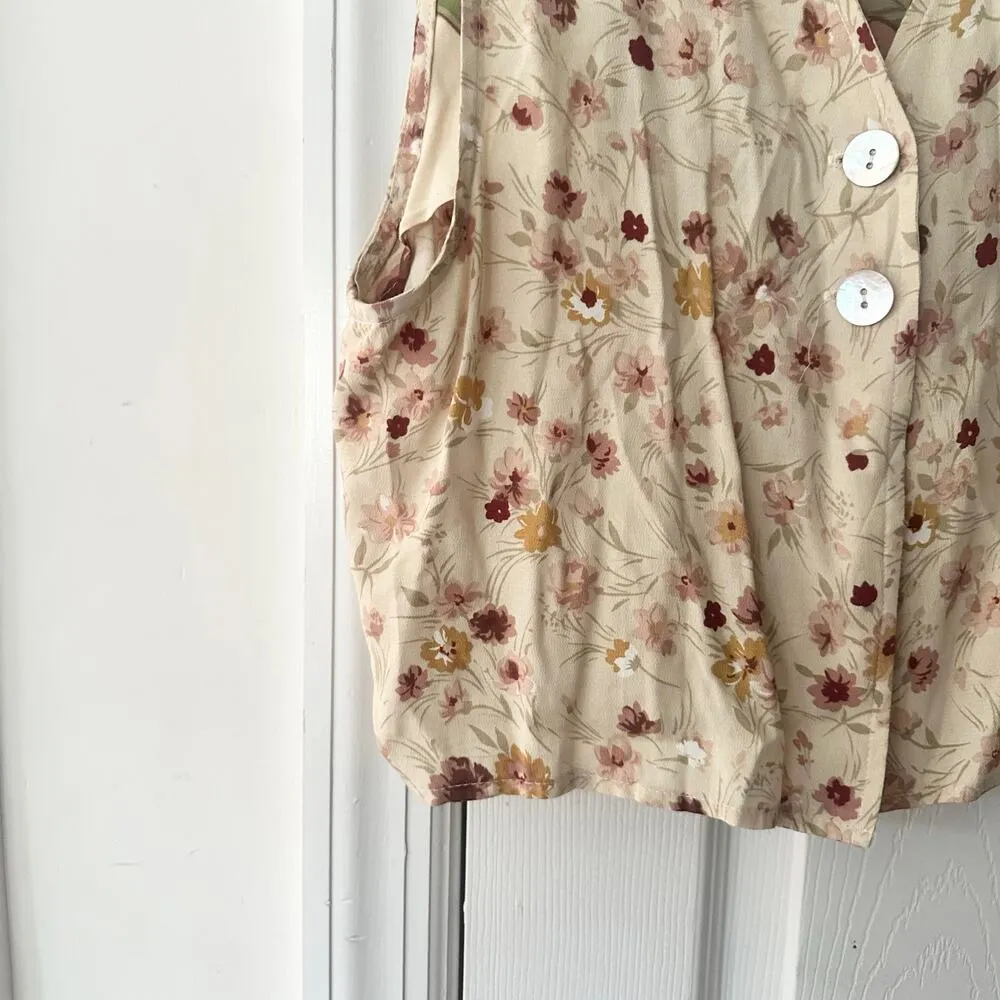 Melrose Vintage 90s Beige Pink Floral Design Rayon Iridescent Button Up Vest 10 - Image 3