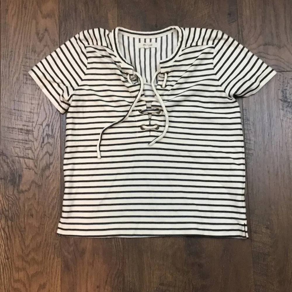 Madewell Lace-Up Striped Cream And Navy Top - Image 2