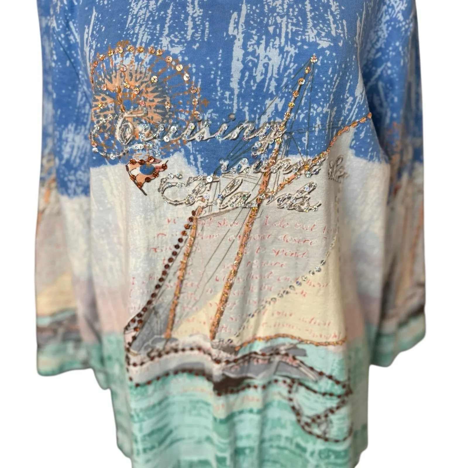 Vtg Take Two Womens All Over Print Shirt XXL Art to Wear Sequin Sailboat Cruise - Image 2