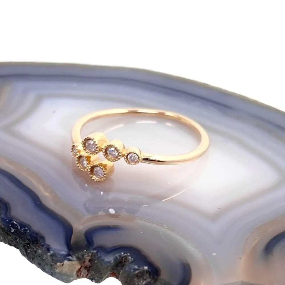 14K solid yellow gold dainty milgrain set six diamond bypass ring - Image 3