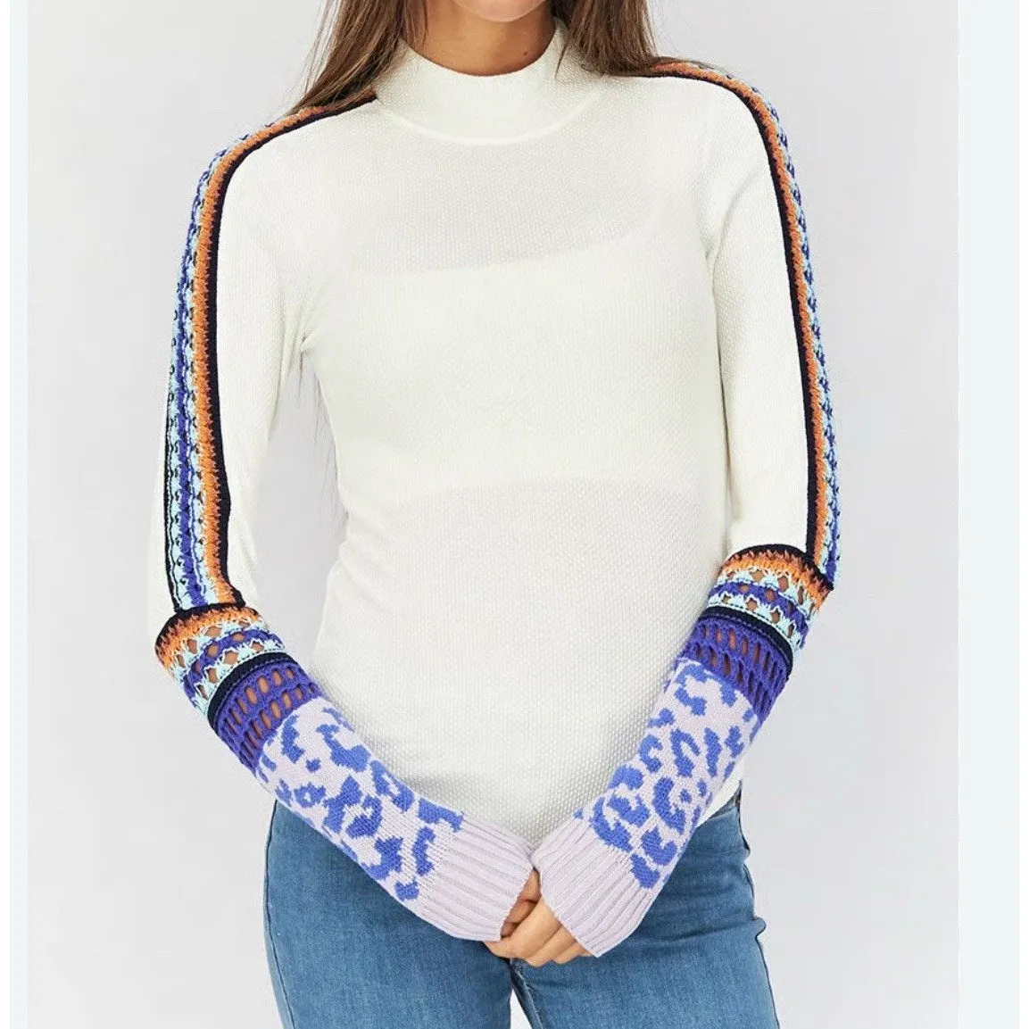 FREE PEOPLE Easy Street Thermal Top XS Multi Knit Leopard Sleeve Mock Neck Y2k - Image 2