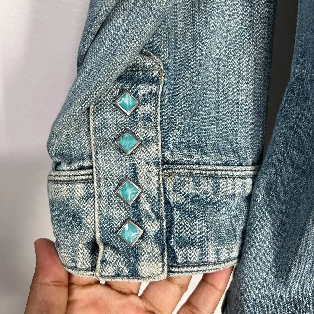 Dana Buchman Denim Jacket Floral Embroidered Small Light Wash Teal Snap Casual - Image 9