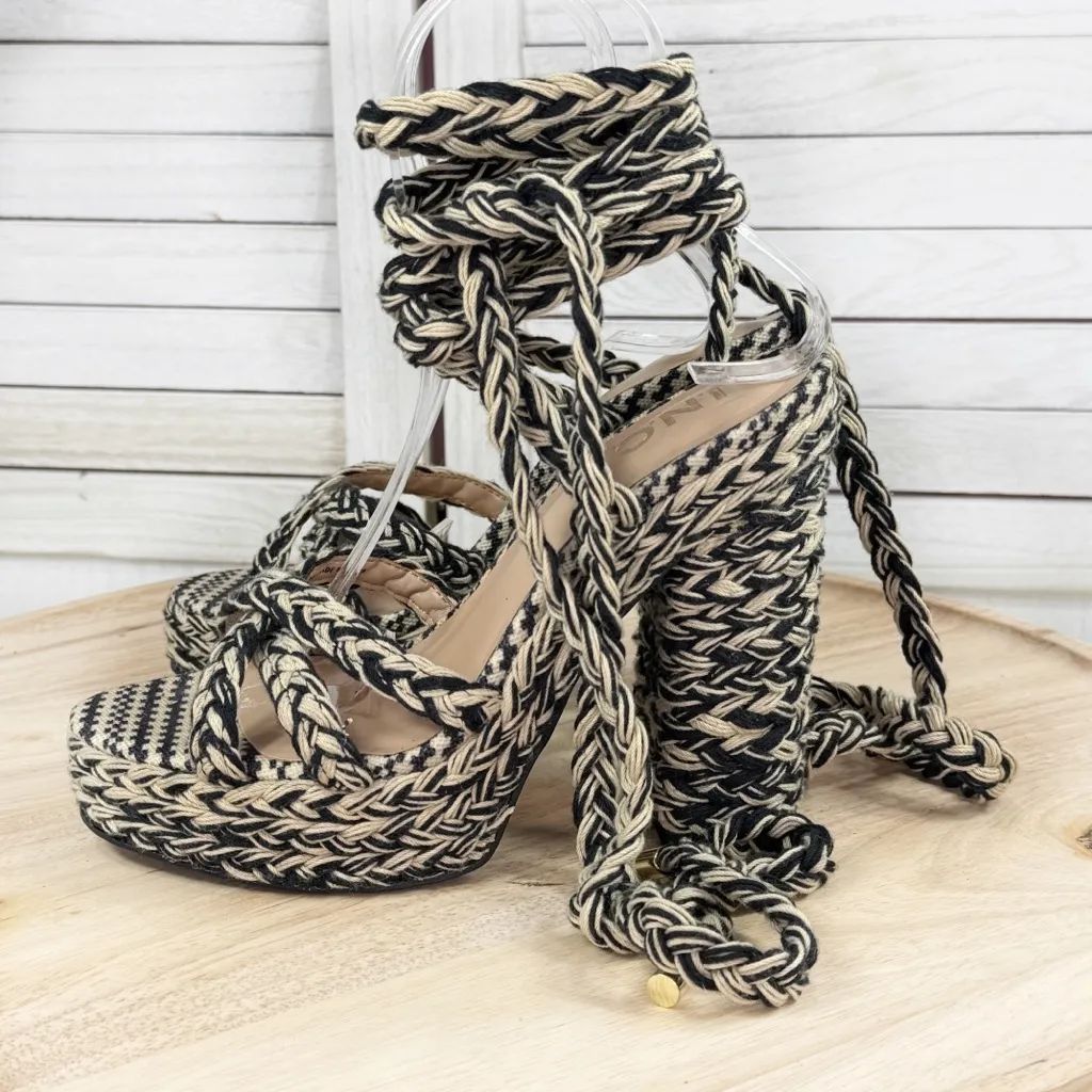 INC International Concepts Cambri Braided Ankle Wrap Block Heel Sandal Tan Black Size 6.5 - Image 5