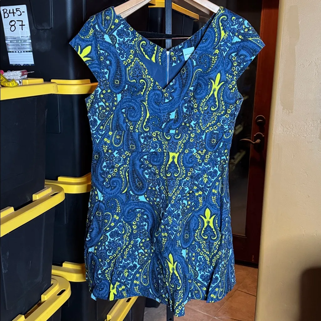 Plenty by Tracy Reese Fit & Flare Blue/Yellow Cap Sleeve Paisley Dress Size 14P - Image 7
