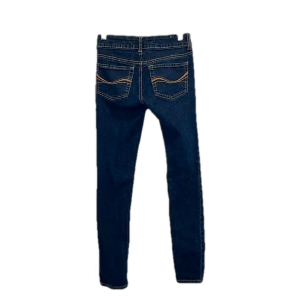 SO skinny dark wash jeans juniors size 1 xs gold orange stitch belt loops - Image 2