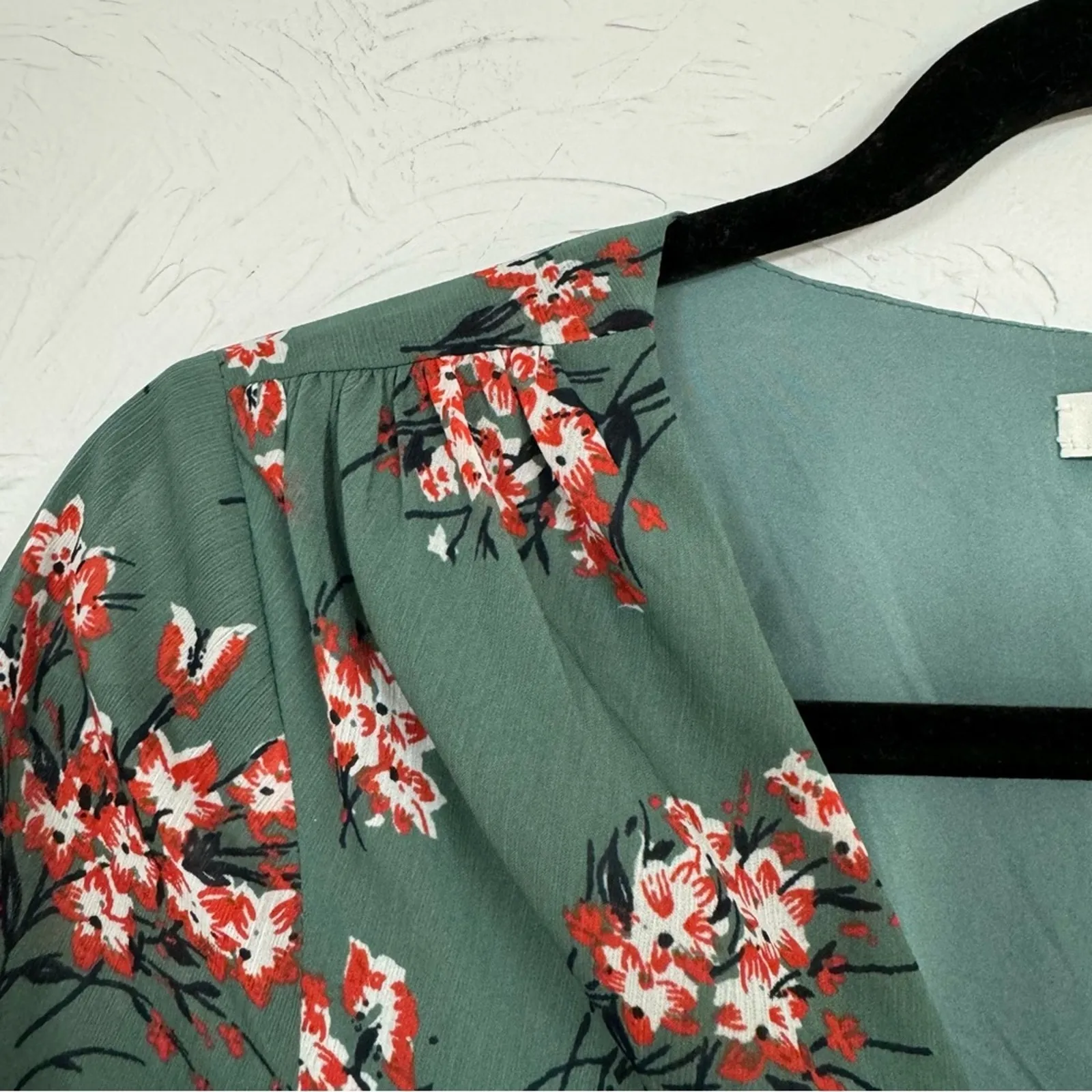 Madewell Green Red Floral Mini Dress Womens 0 Long Sleeve Sheer Boho Fall Casual - Image 8