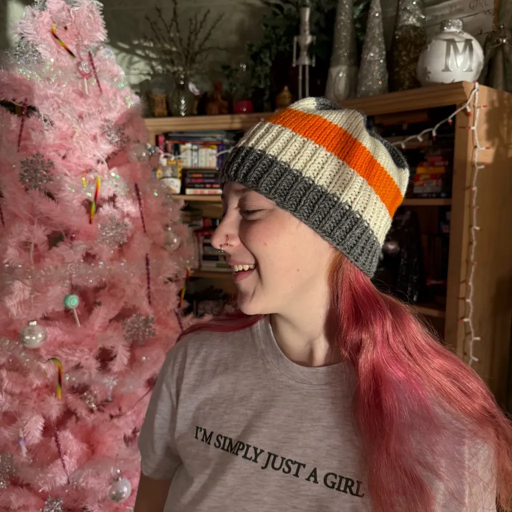 Hand knit Beanie Hat Gray white Orange Wide Stripe Unisex Adult - Image 5