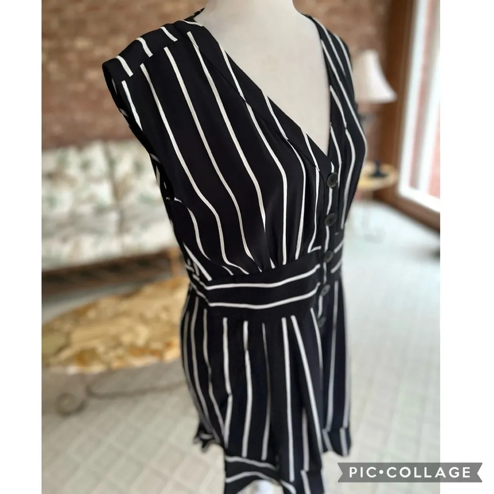 Loft Black Striped Crepe Ruffle Hem Romper 4 - Image 12