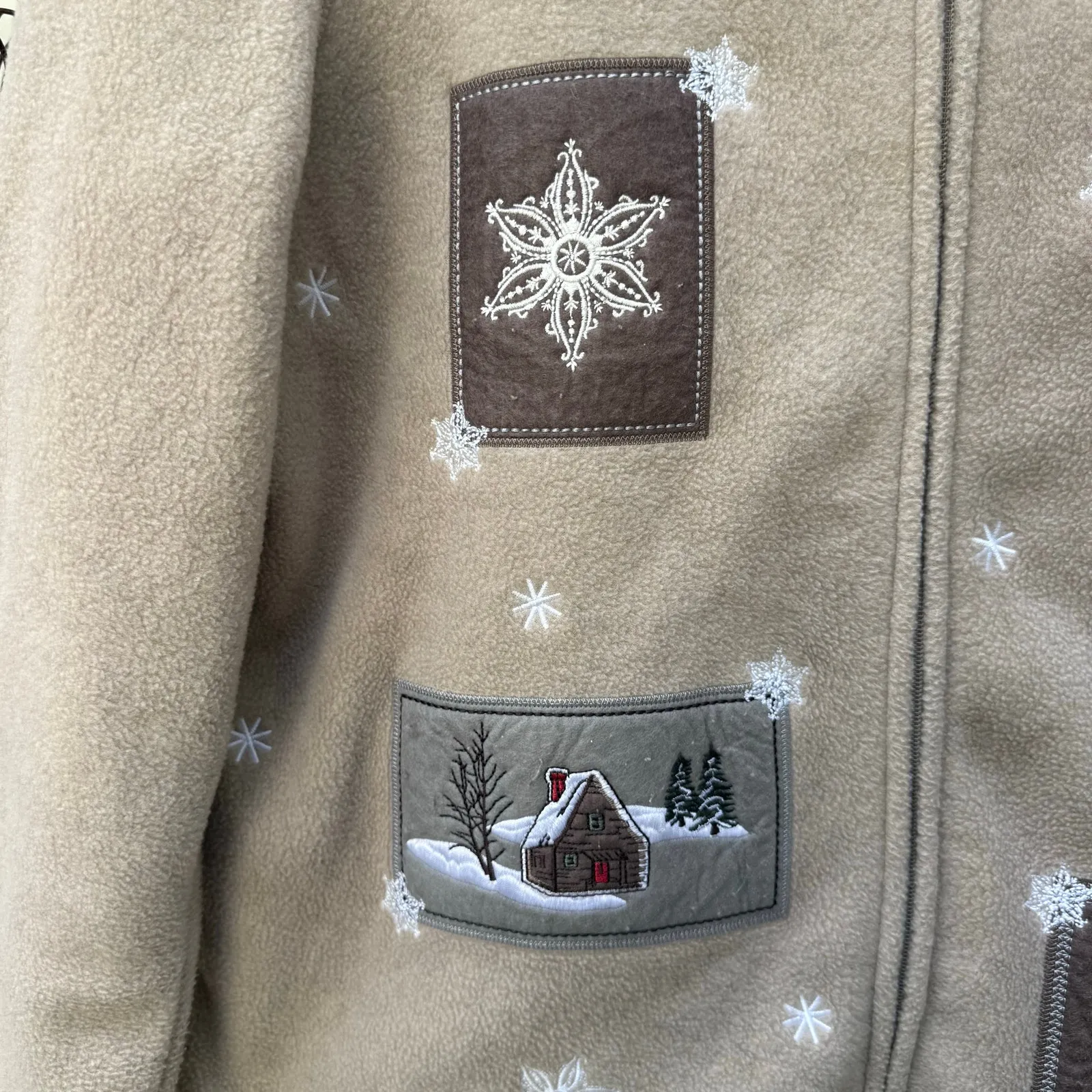 90s Croft & Barrow Tan Fleece Cabincore Applique Embroidery Fleece Cardigan MED - Image 3