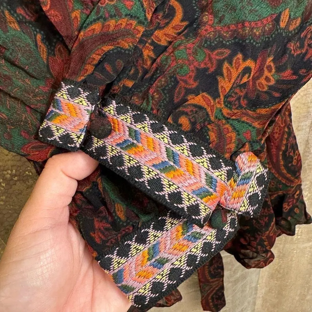 ZARA Deep Burgundy Green Boho Jacquard Long Sleeve Ribbon Tie Dress L NWT - Image 4