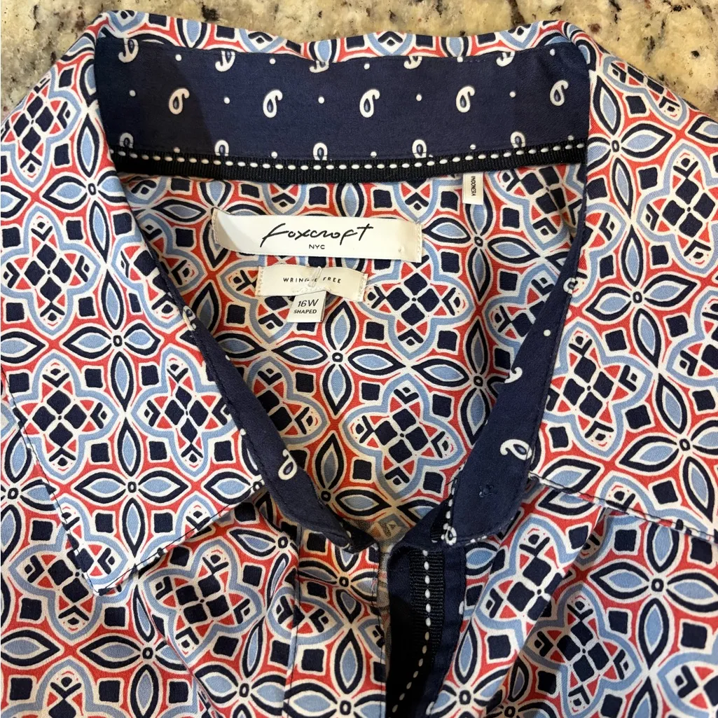 Foxcroft  Women's Geometric Button Down Shirt - Blue and Red - Image 4