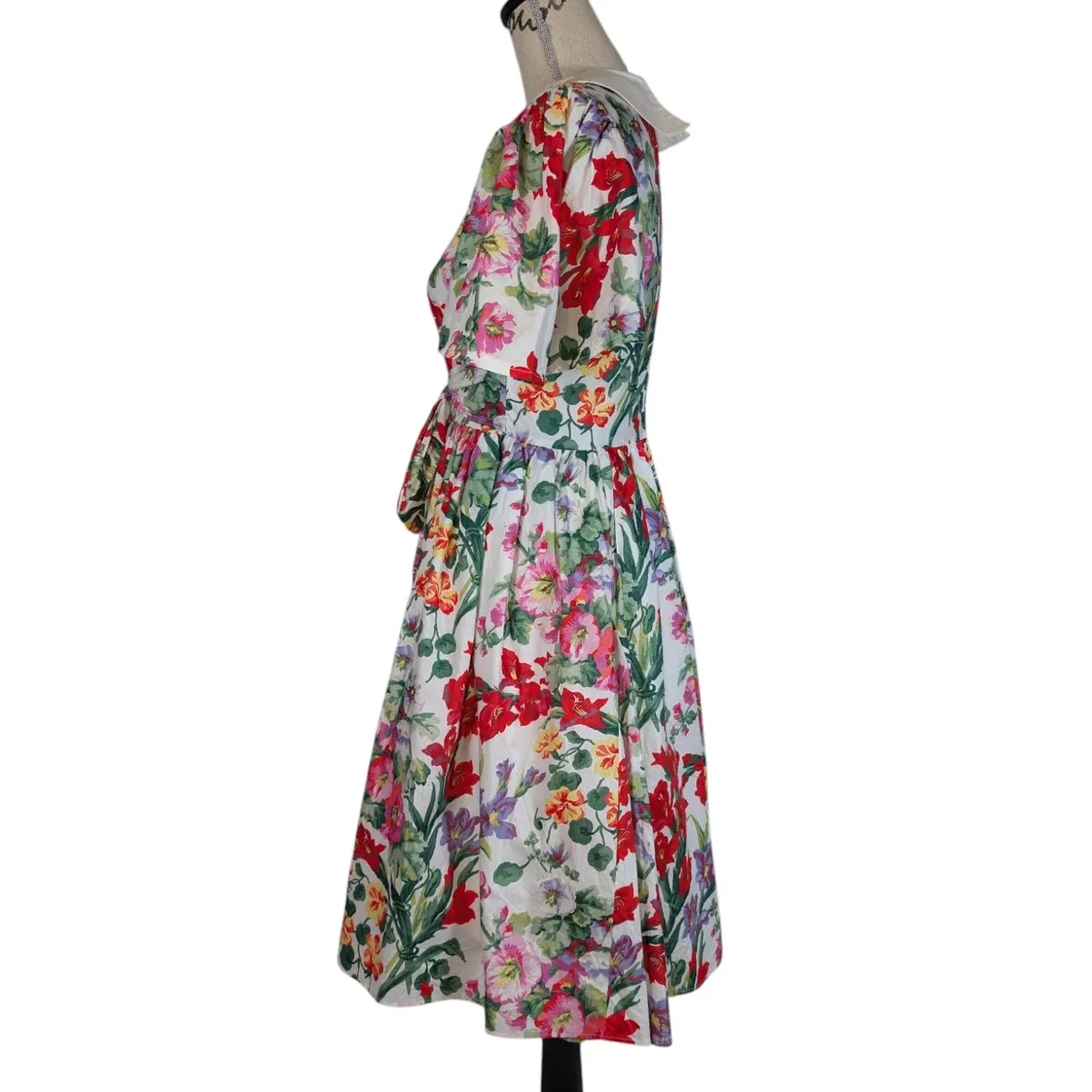 Vintage 80s Floral Cotton Dress Peter Pan Collar Cottagecore Midi - Image 3