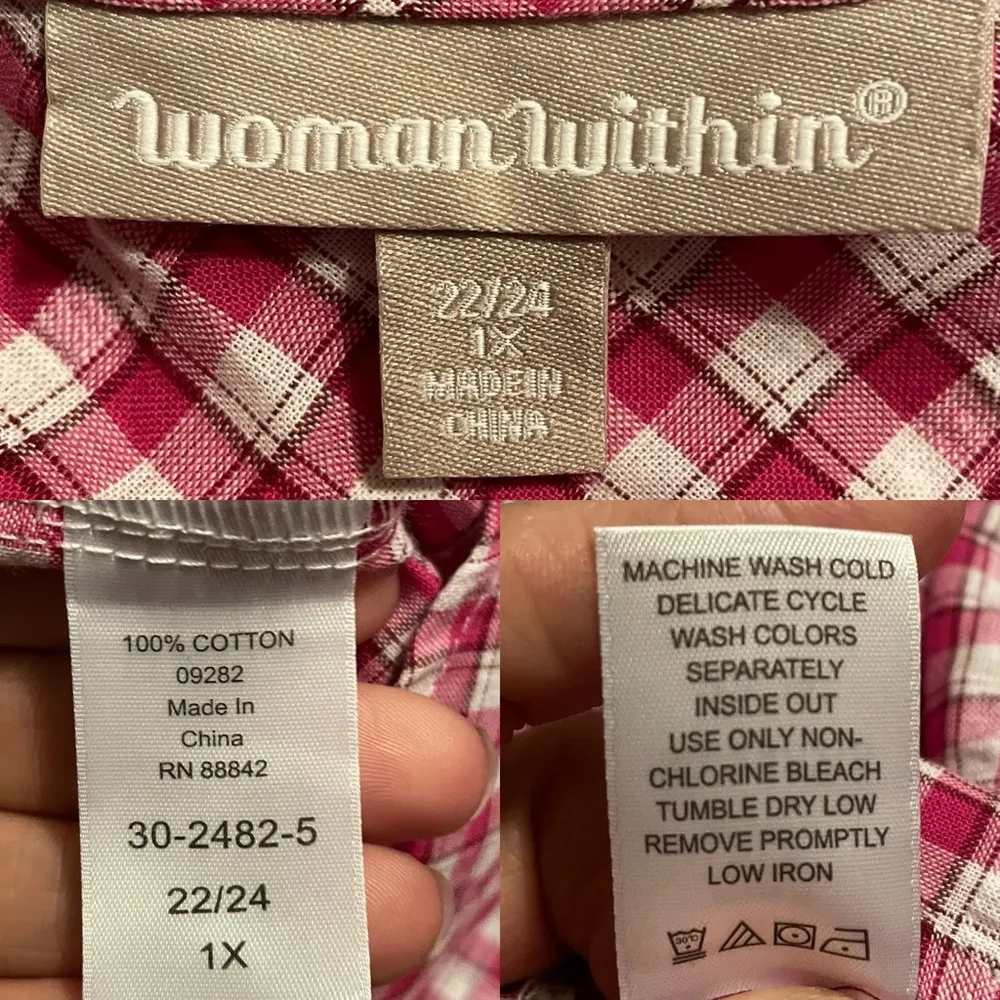 Woman Within Womens Shirt Blouse Pink White Plaid Short Sleeve Button Up Plus 1X - Image 7