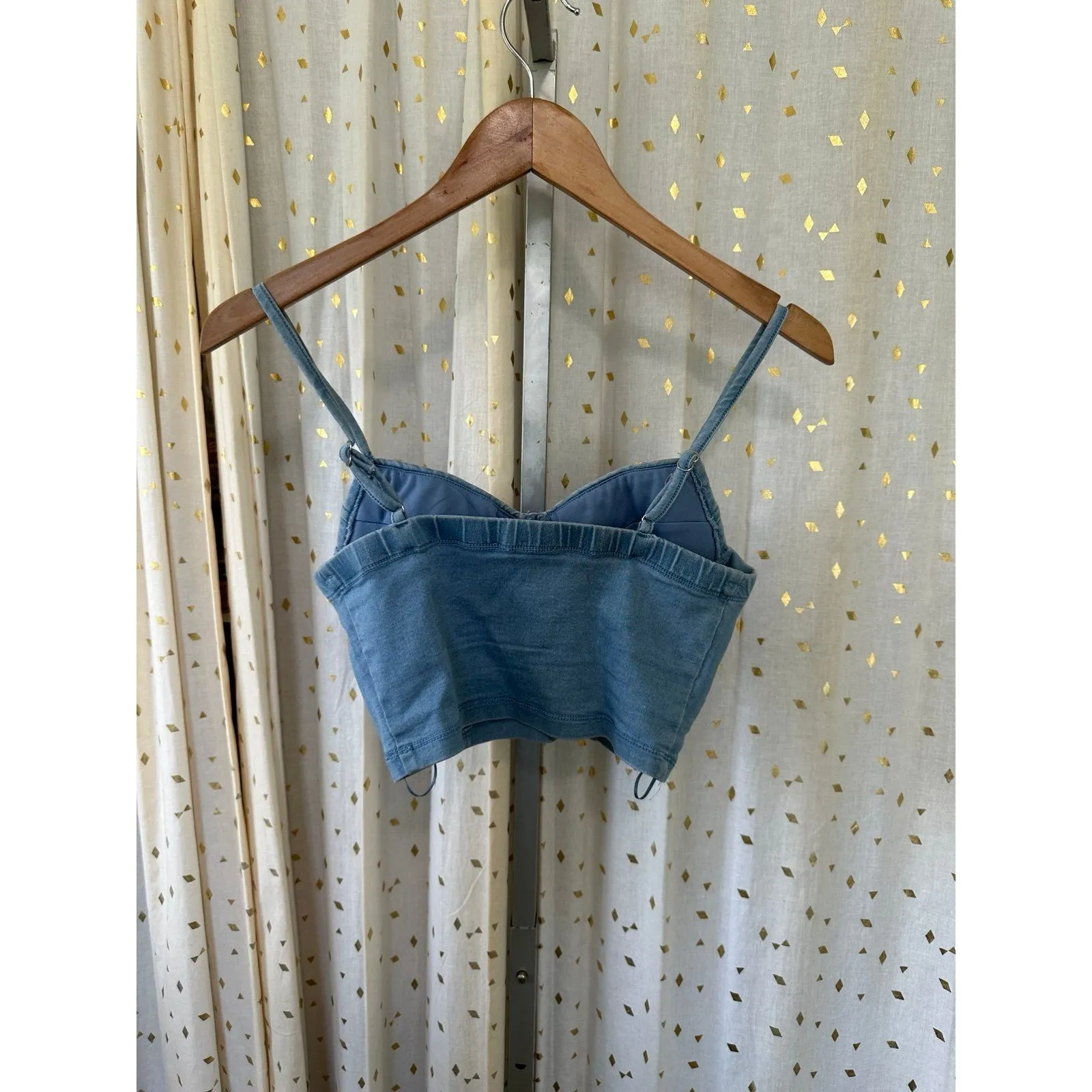 Haute Monde Chambray Denim Rhinestones Wireless Padded Chest Crop Tank Top S - Image 3