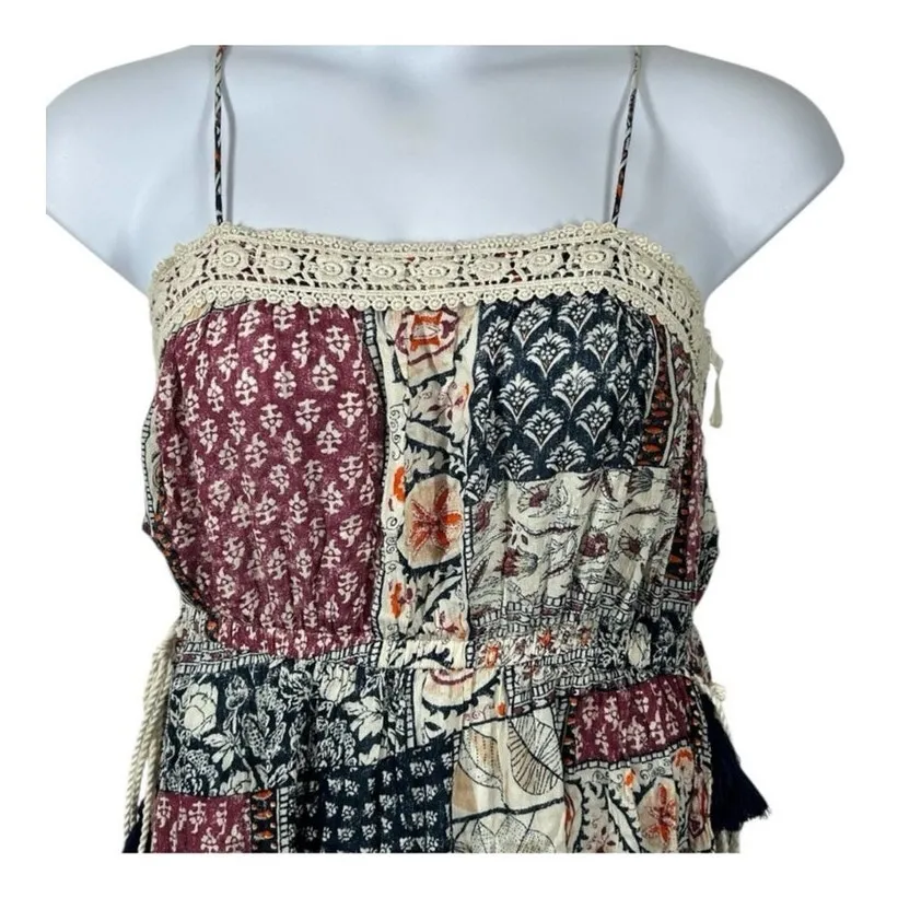 Earthbound Boho Flare Patchwork Mini Sundress Size Large Festival Cottagecore Tan - Image 3