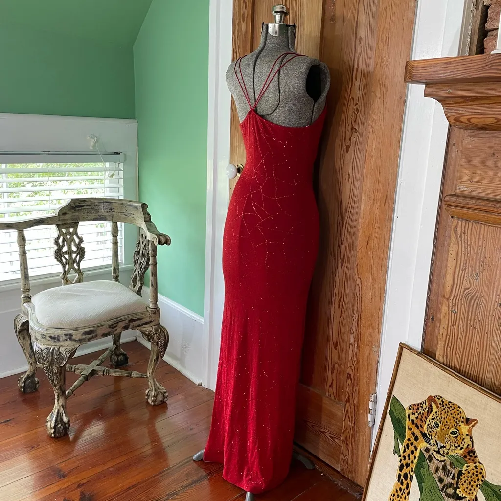 J USA Red Beaded Strappy Back Y2K Maxi Evening Dress Vintage 90’s Sz Large💛🍄 - Image 12