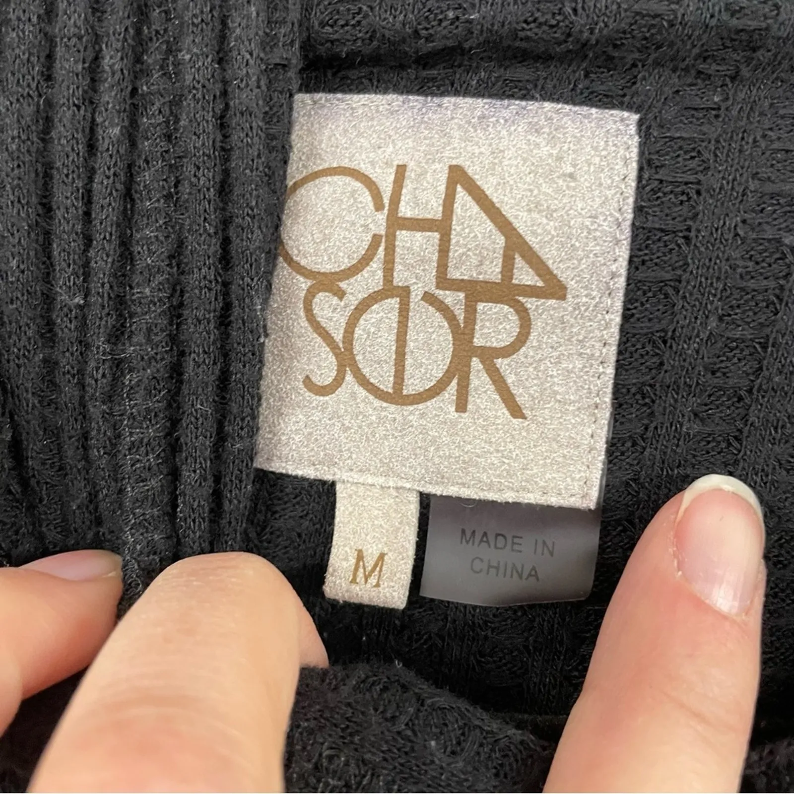 Chaser Black Waffle Knit Thermal Long Sleeve Sweater Womens M Hoodie Casual - Image 3