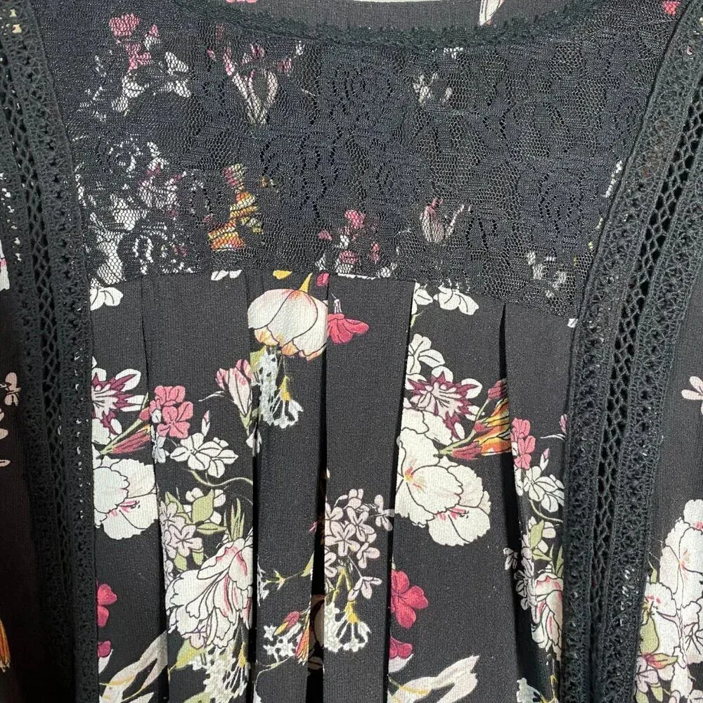 POL Women's Size Medium Floral Lace Details Boho Balloon Sleeve Black Mini Dress - Image 12