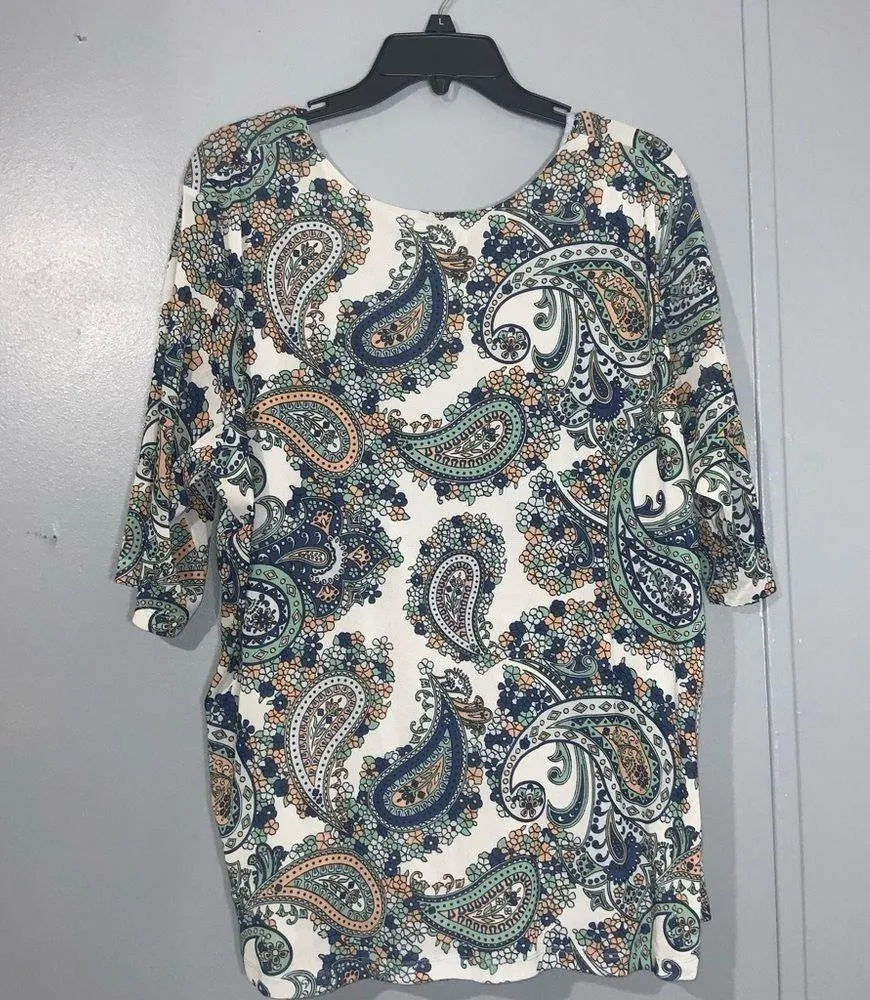 Jessica London Blue Green Multicolor Paisley Faux Wrap Short Sleeve Top 26/28 - Image 5