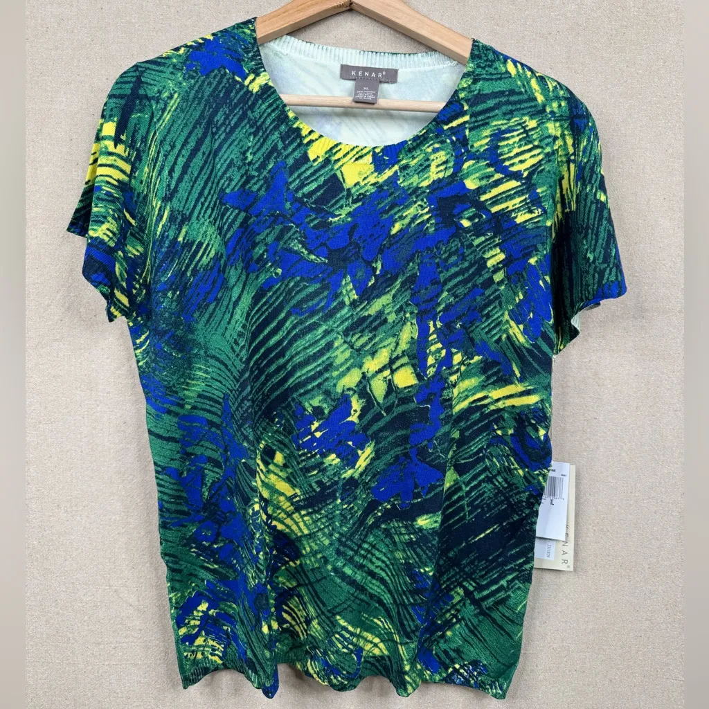 KENAR Blue Green Silk Blend Daphne Knit Top Sz XL Multicolor Print Short Sleeve - Image 2