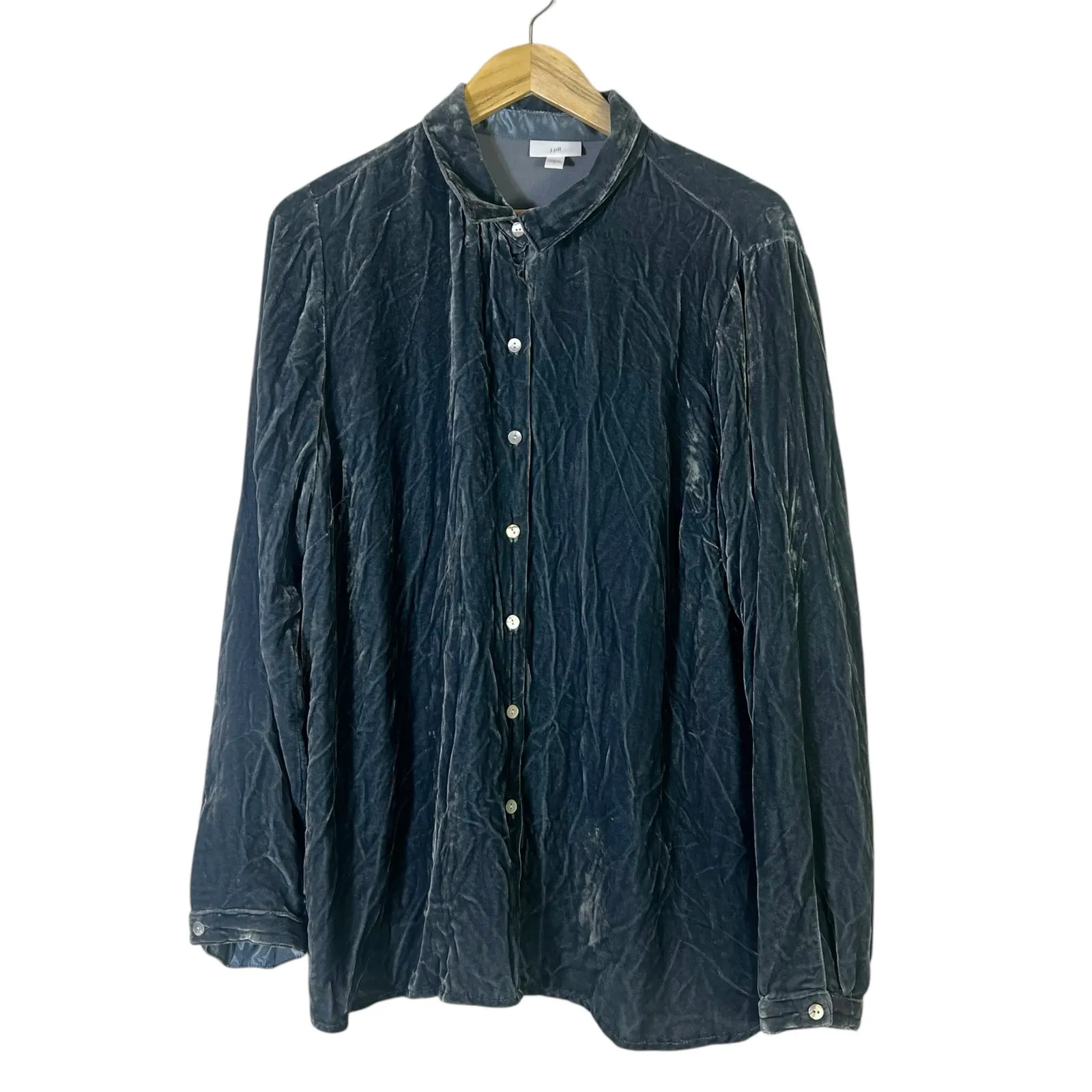 J. Jill Velvet Long Sleeve Button Down Shirt Womens L Blue Soft Dark Academia Size L - Image 2
