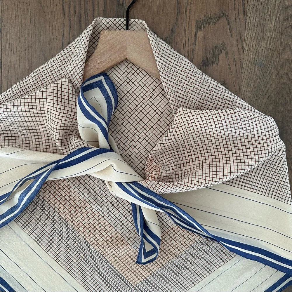 Vintage Anthro 100% Silk Crepe Scarf Grid Print Cream, Rust, Blue 34" Square - Image 4