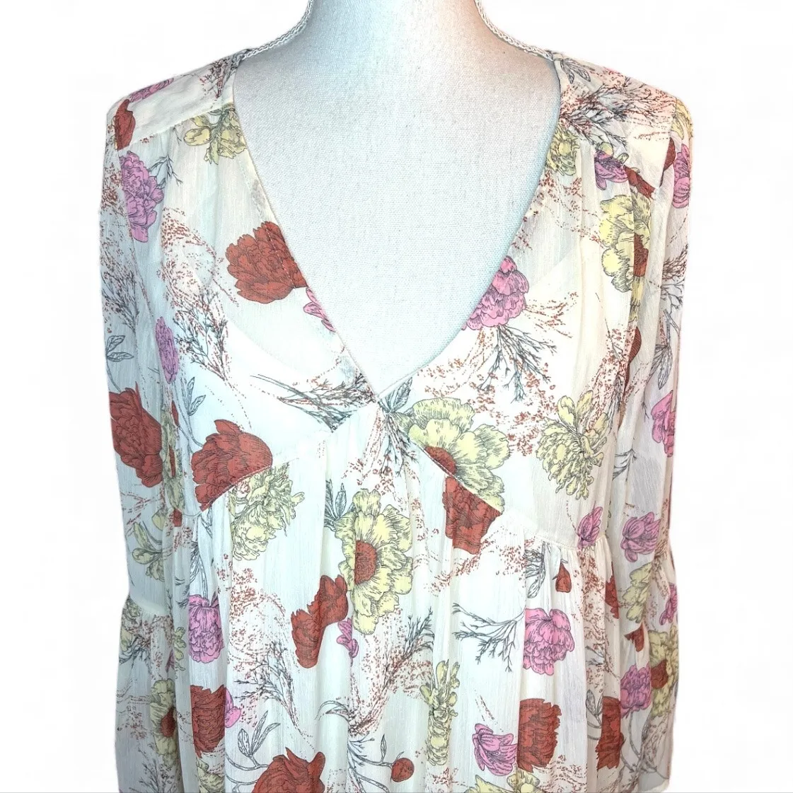 Lulus belina beige floral midi dress boho flowy feminine bell sleeve cocktail - Image 3