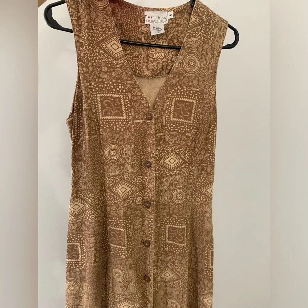 VTG Northern Isles Portraits Pattern Hippie Boho Maxi Button Down Linen Dress M Brown Size 6 - Image 9