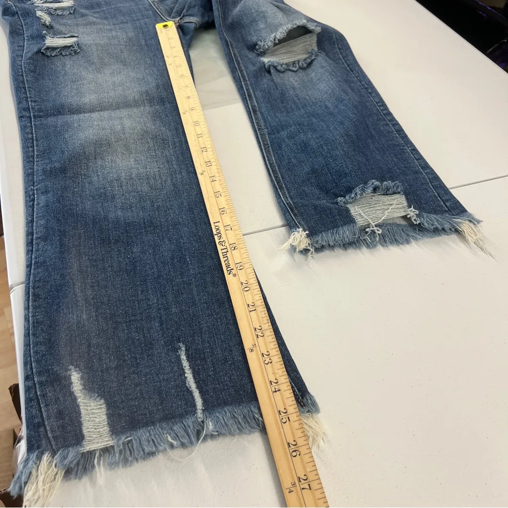 RISEN High Rise Stretch Distressed Denim Destroyed Hem Crop Jeans Size 13/31 Blue - Image 14