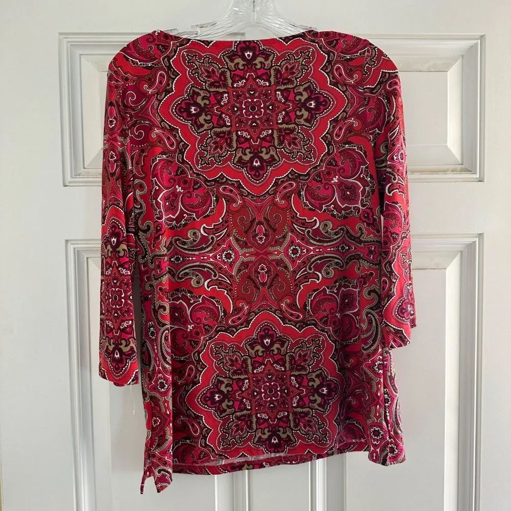 Charter Club Womens V-Neck Red Paisley Tunic Dress With 3/4 Sleeves - Image 3