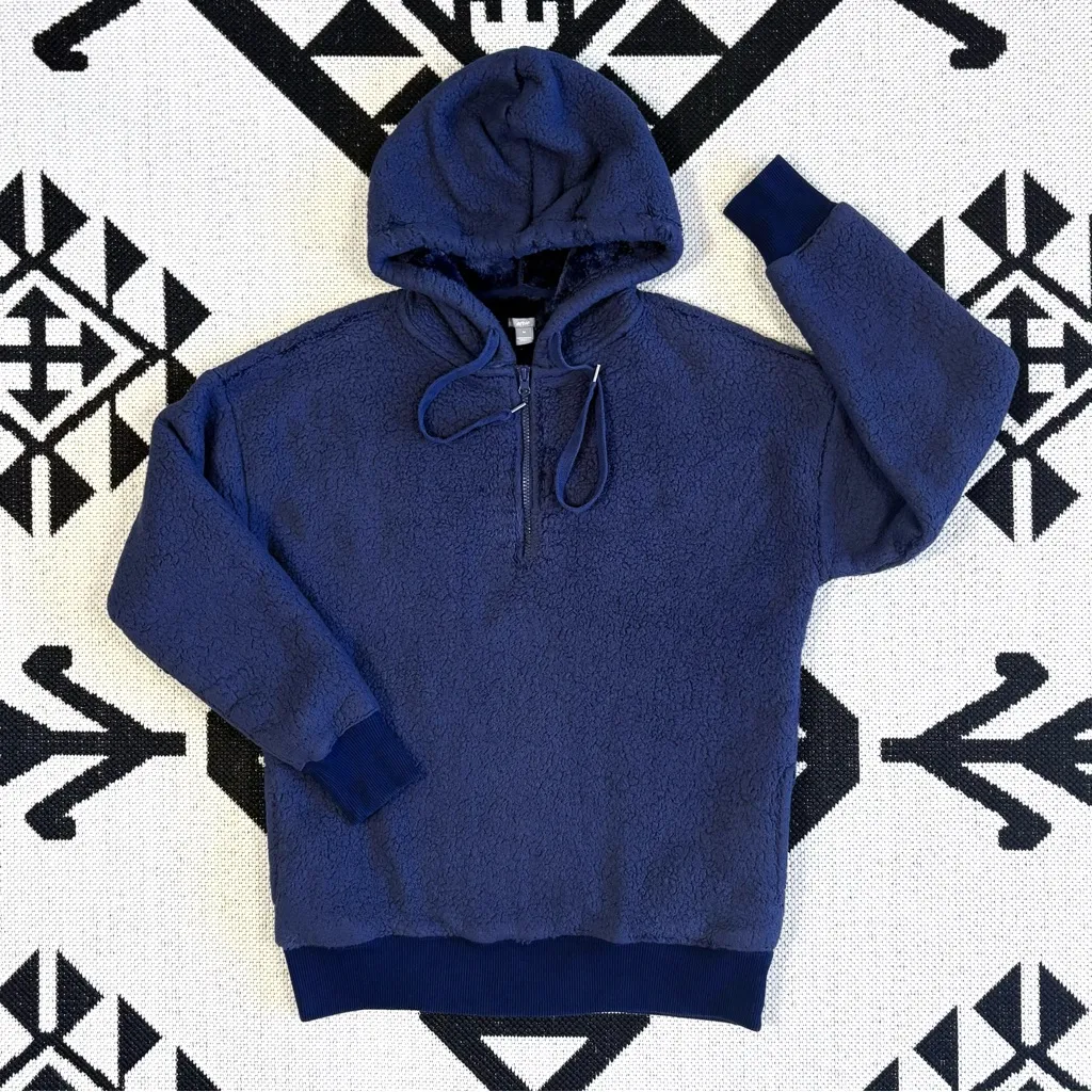 Aerie Cozy Quarter Zip Teddy Sherpa Fleece Pullover Hoodie Navy Blue Medium - Image 2