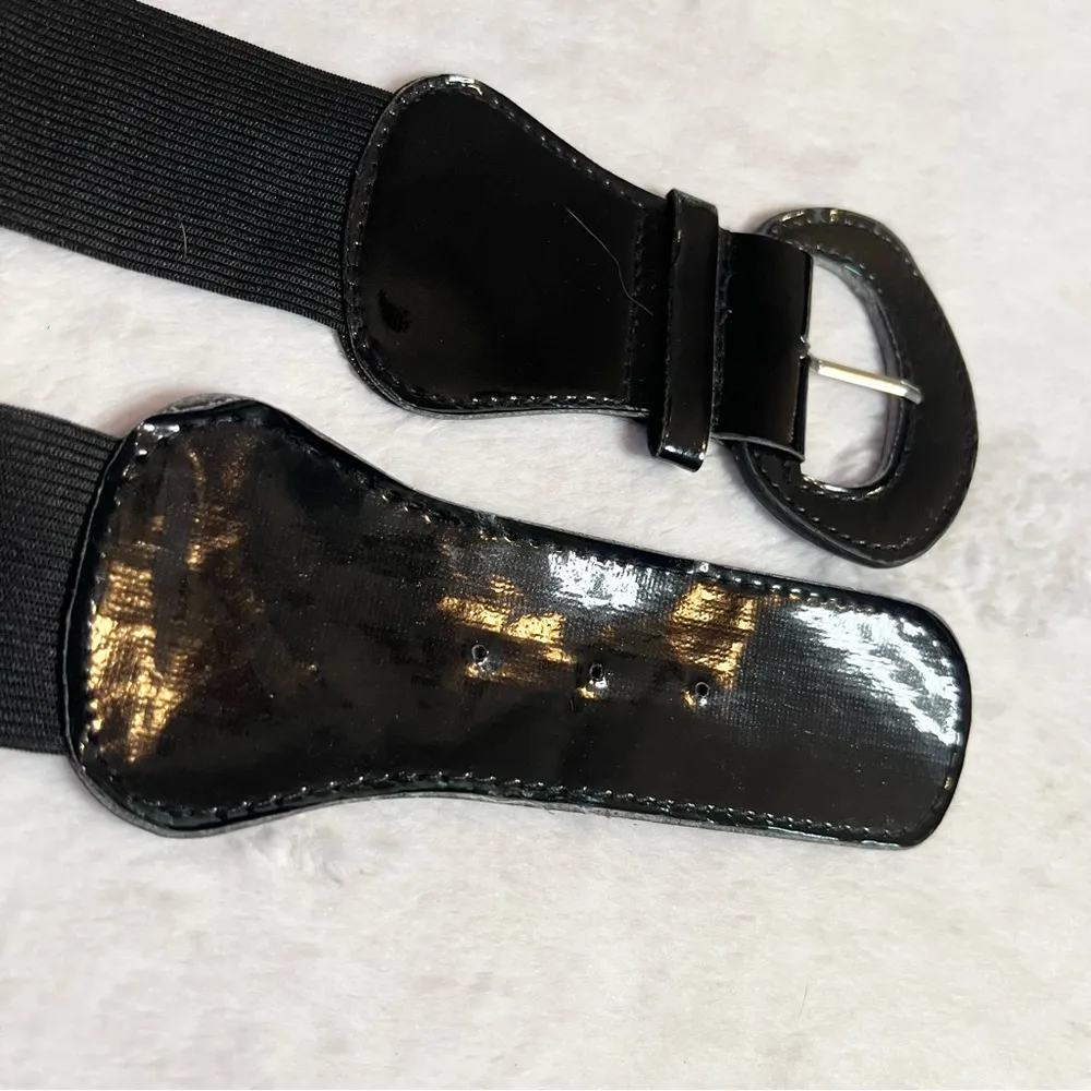 Vintage Faux Patent Leather Black Stretch Belt - Image 6