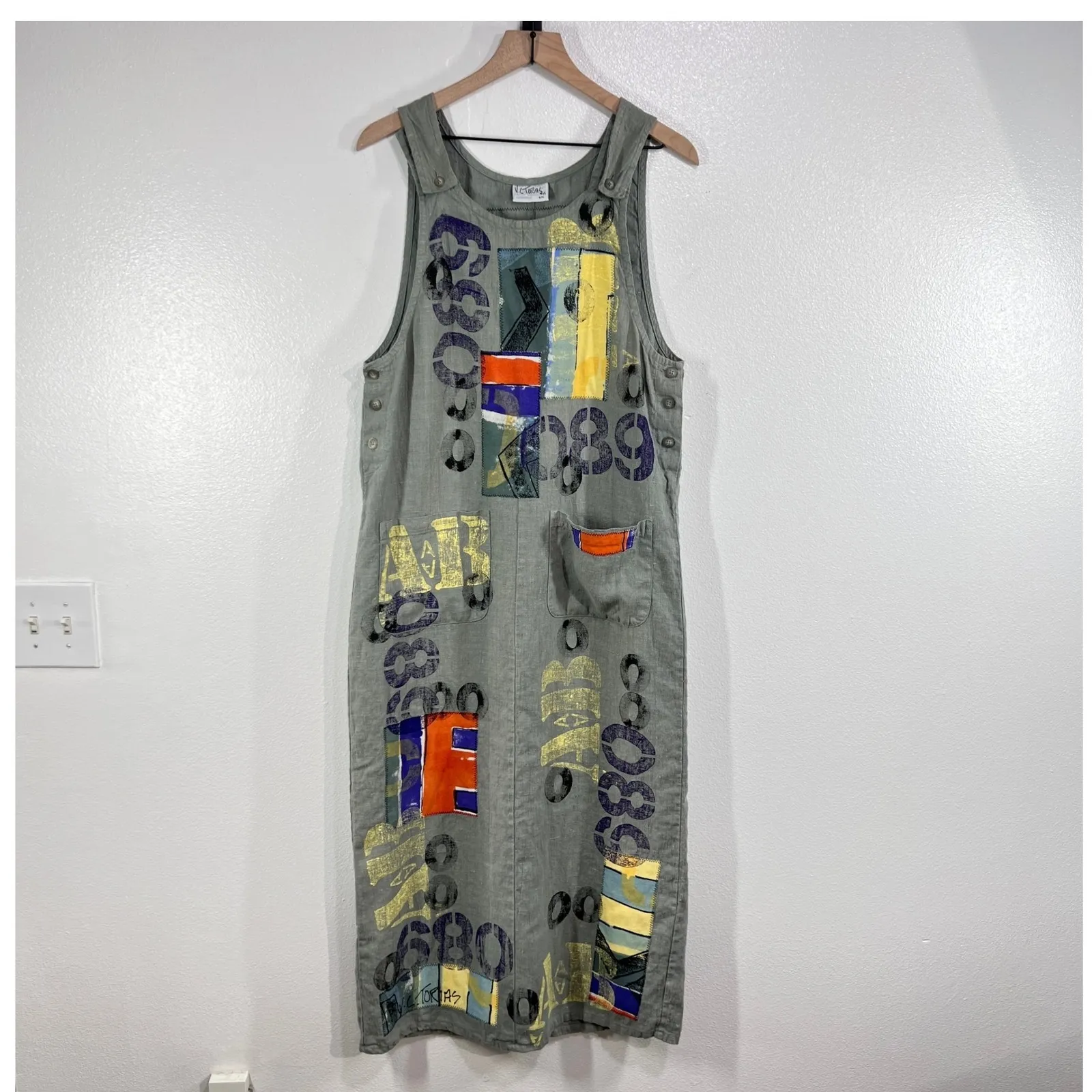 Vtg. V.C. Torias Linen Art Jumper Dress S/M Hand Painted Patchwork Made in USA Green Size undefined - Image 2