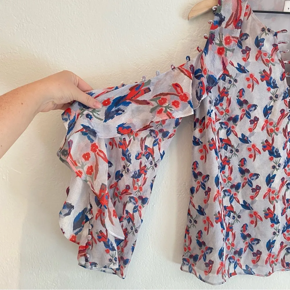 Tanya Taylor  Asymmetrical Ruffled Blue and Pink Blouse - Image 4