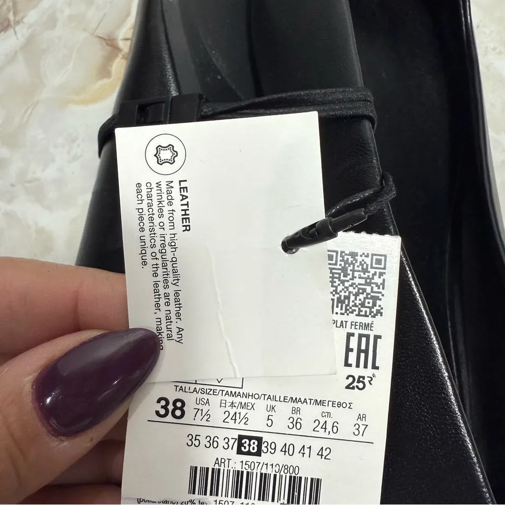 NWT Zara Black Pointed Toe‎ Leather Flats With Spikes 1507 Size 7 1/2 (38) - Image 11