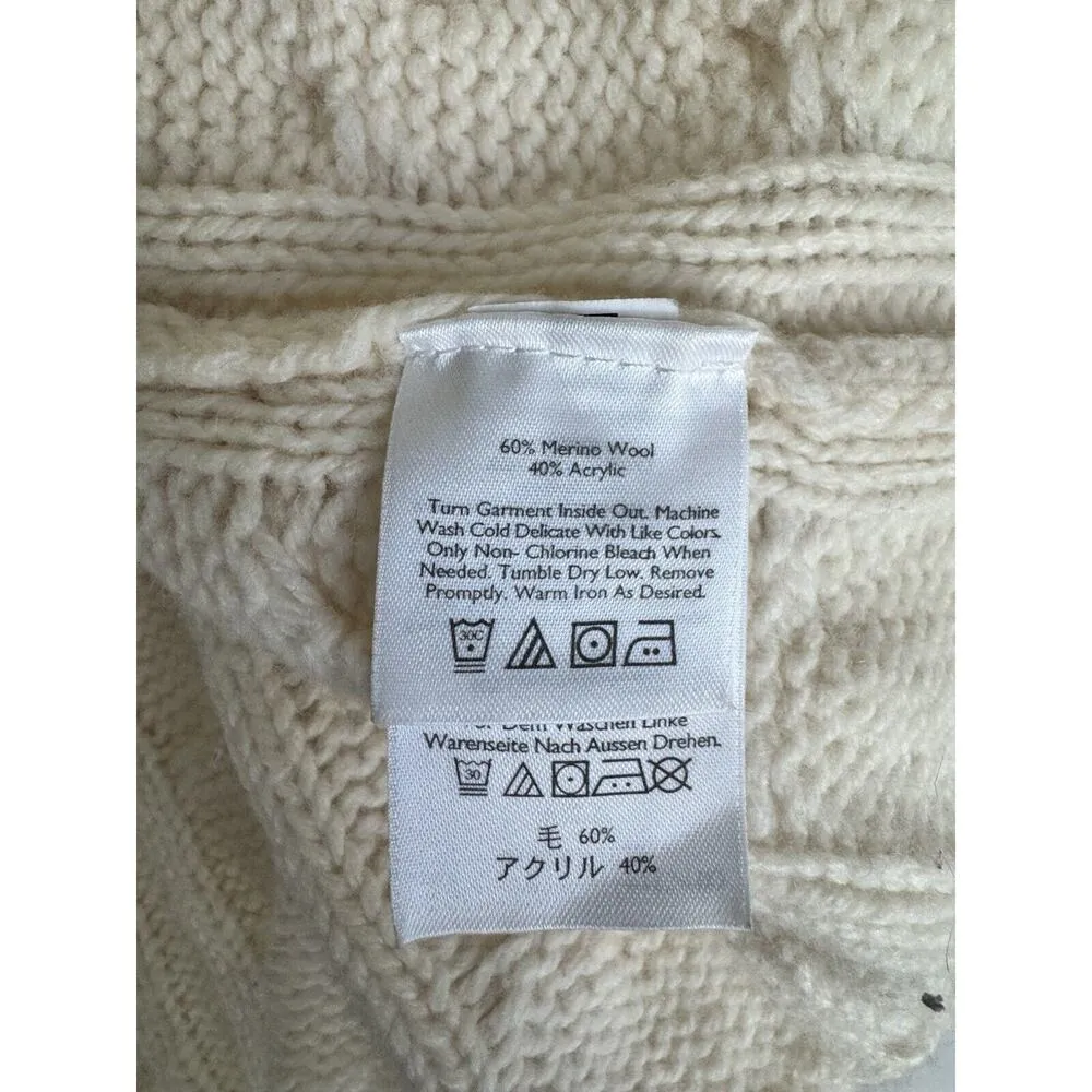 Eddie Bauer Ivory Chunky Cable Knit Button Front Fishermans Wool Sweater Medium - Image 9