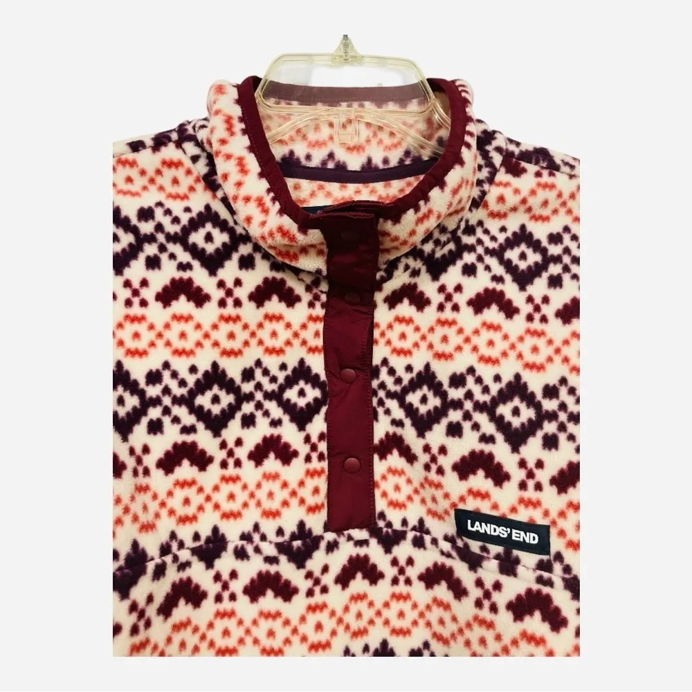 Lands End Heritage Quarter Snap Fleece Pullover Large Burgundy Orange Fair Isle - Image 3