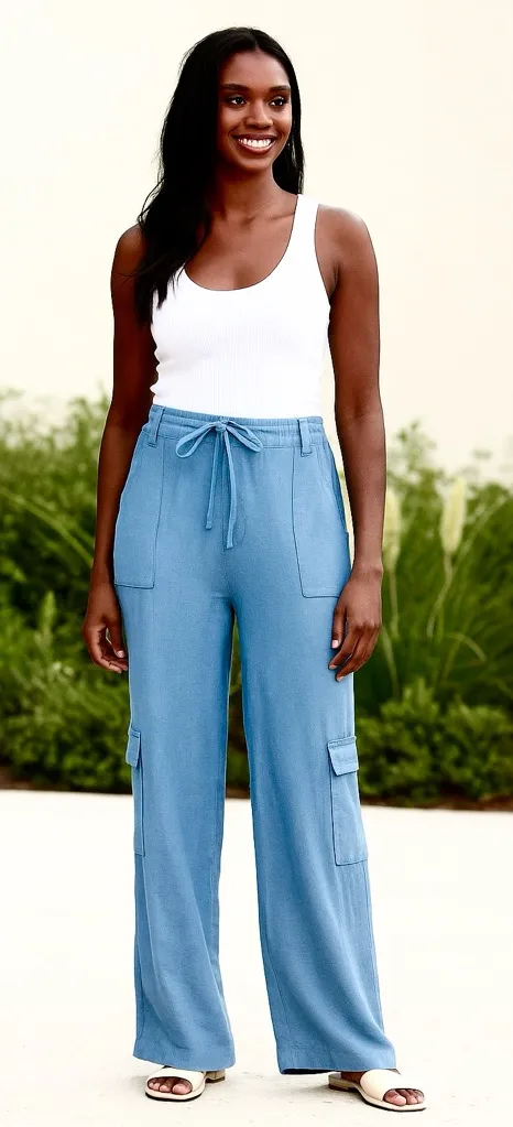 Sincerely Jules NWT  Linen Blend Blue Cargo Drawstring Pants - Image 2