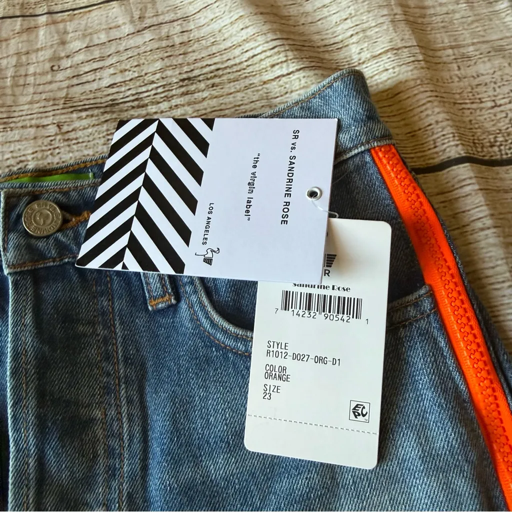 Sandrine Rose Neon Orange Zipper Accent Cutoff Jean Denim Shorts NWT Size 23 Blue - Image 8