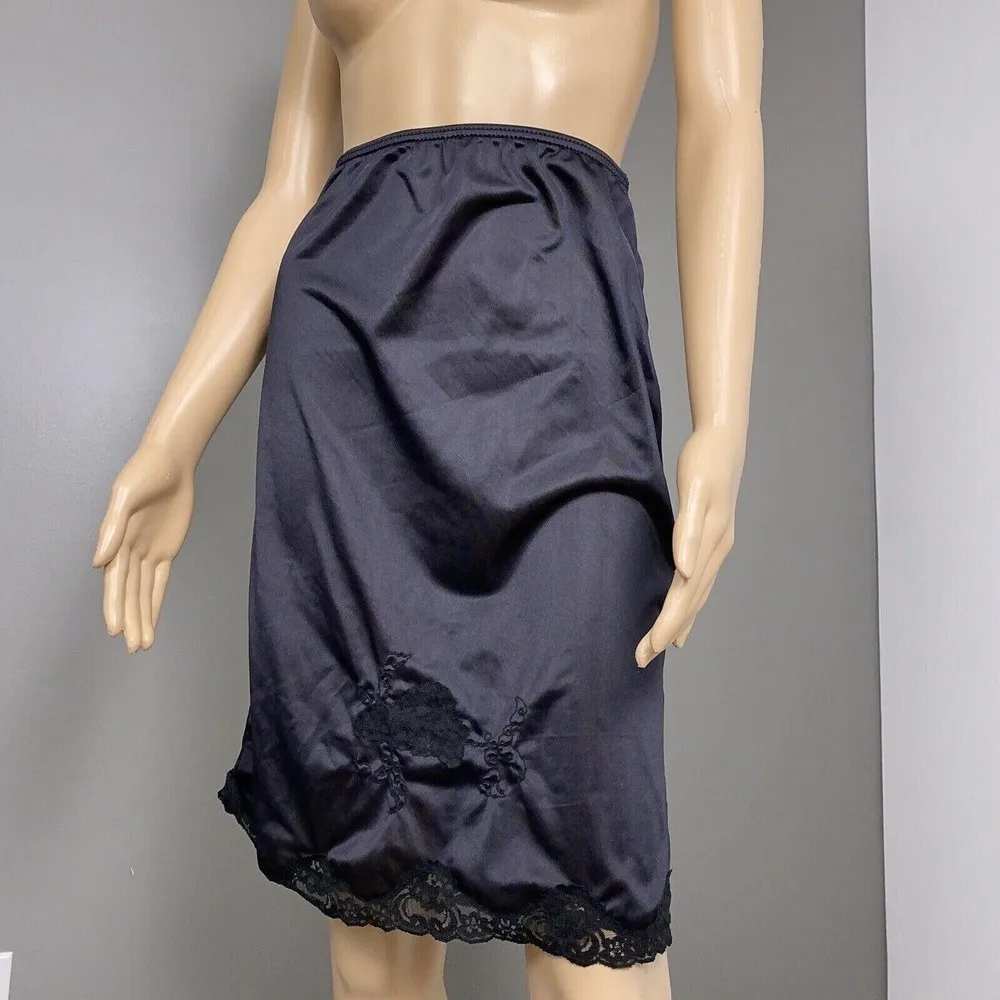 Vintage Mardor Small 5 Half Slip Semi Sheer Black Nylon Tricot Lace Embellished - Image 2