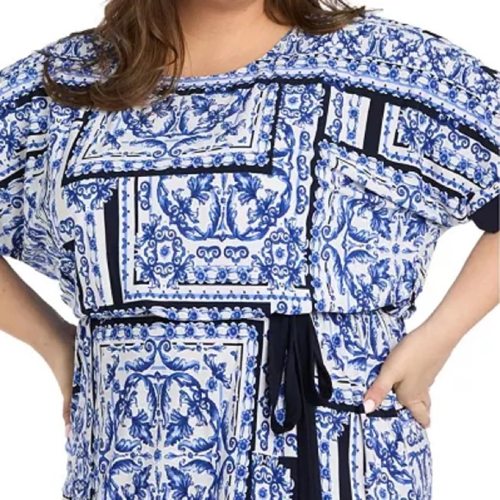 R & M Richards Plus Size Printed Blouson A-Line Dress White/Denim Sz 20W - Image 3