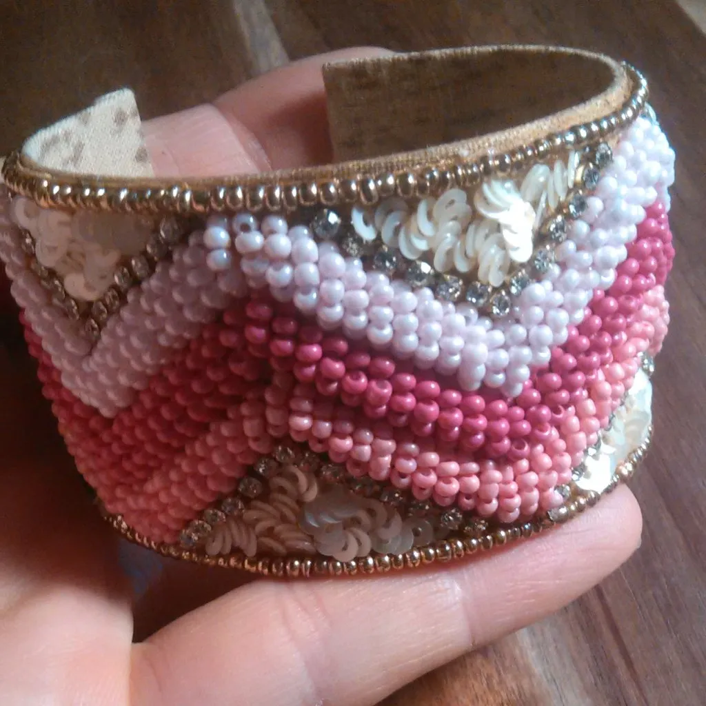 Handcrafted Pink Seed Bead, White Crystal, and Sequin Cuff Bracelet - Image 2