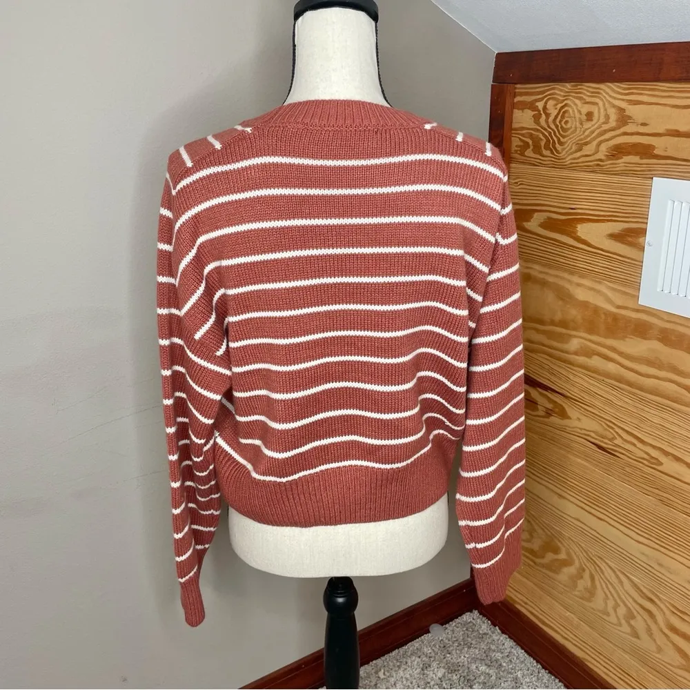 Saddle Stripe Long Sleeve Knit Sweater Mauve Pink White Small - Image 4