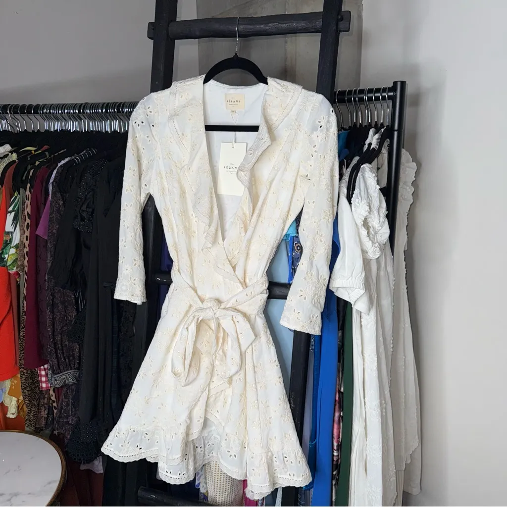 Sézane Asianne Ecru Eyelet Wrap Mini Dress - Image 3