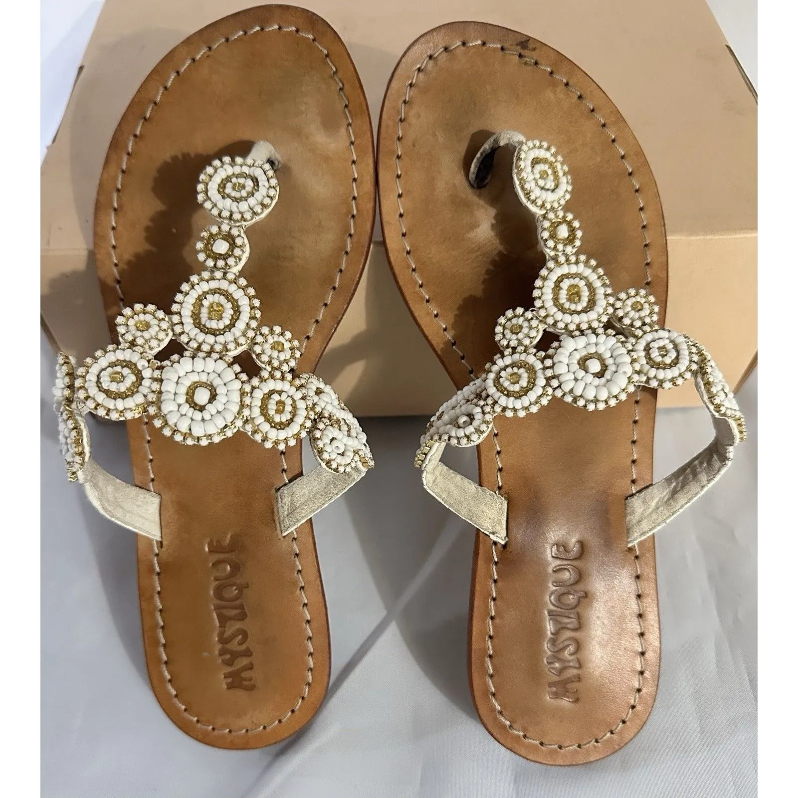 MYSTIQUE White Gold Beaded Pearl Boho Leather Thong Sandals Flip Flop Sz 8 - Image 2